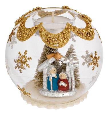 SFERA TEALIGHT D. 10 DECO ARGENTO CON ALBERELLI - PRESEPE